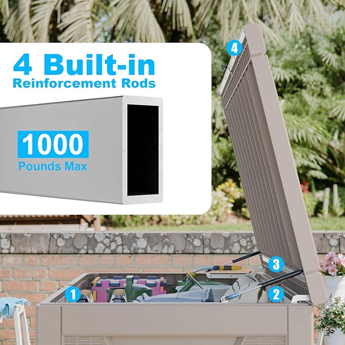 320 Gallon Waterproof Outdoor Storage Box,Large Resin Deck Box,Lockable Outside Storage Box Container for Patio Furniure,Garden,Tools (320 Gallon,Grey)