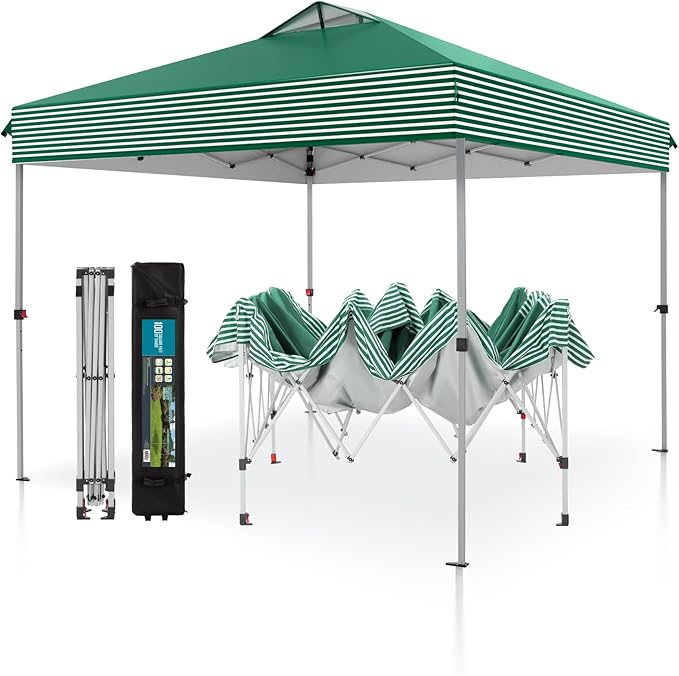 PHI VILLA Pop Up Canopy 10 10 Tents for Parties with Wheeled Bag, Portable Lightweight Folding w/Adjustable Height,Green and White Stripes?Green Stripe