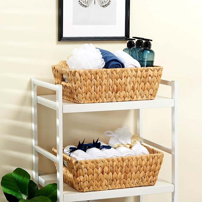 Wicker Baskets 2 Pack, Water Hyacinth Wicker Storage Basket with Handles for Organizing, Handmade Large Baskets, Natural