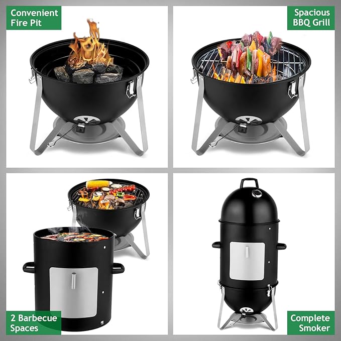 4-Tier 3-in-1 Vertical Charcoal Grill, BBQ Charcoal Smoker with Built-in Thermometer, Air Vent, and Access Doors, Perfect for Camping, Picnics, Backyard BBQs, and Tailgating Parties
