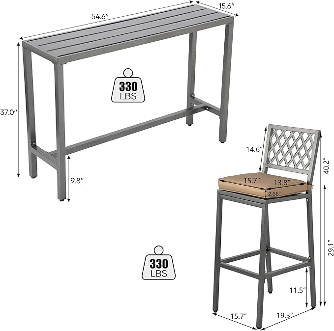 3-Piece Outdoor Patio Bar Set, Bar Height Patio Dining Set, Weather-Resistant Bistro Counter Pub Set with Cushions & Slatted Tabletop for Backyard, Garden, Yard