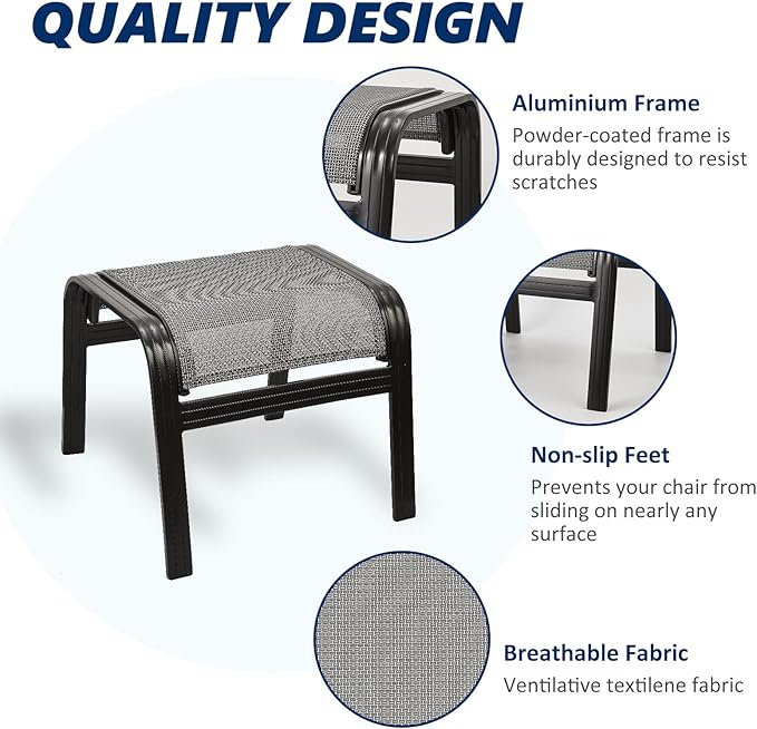 Outdoor Patio Ottoman Seat Textilene Portable Metal Footstool Portable Footrest Patio Chairs 2 Set Grey