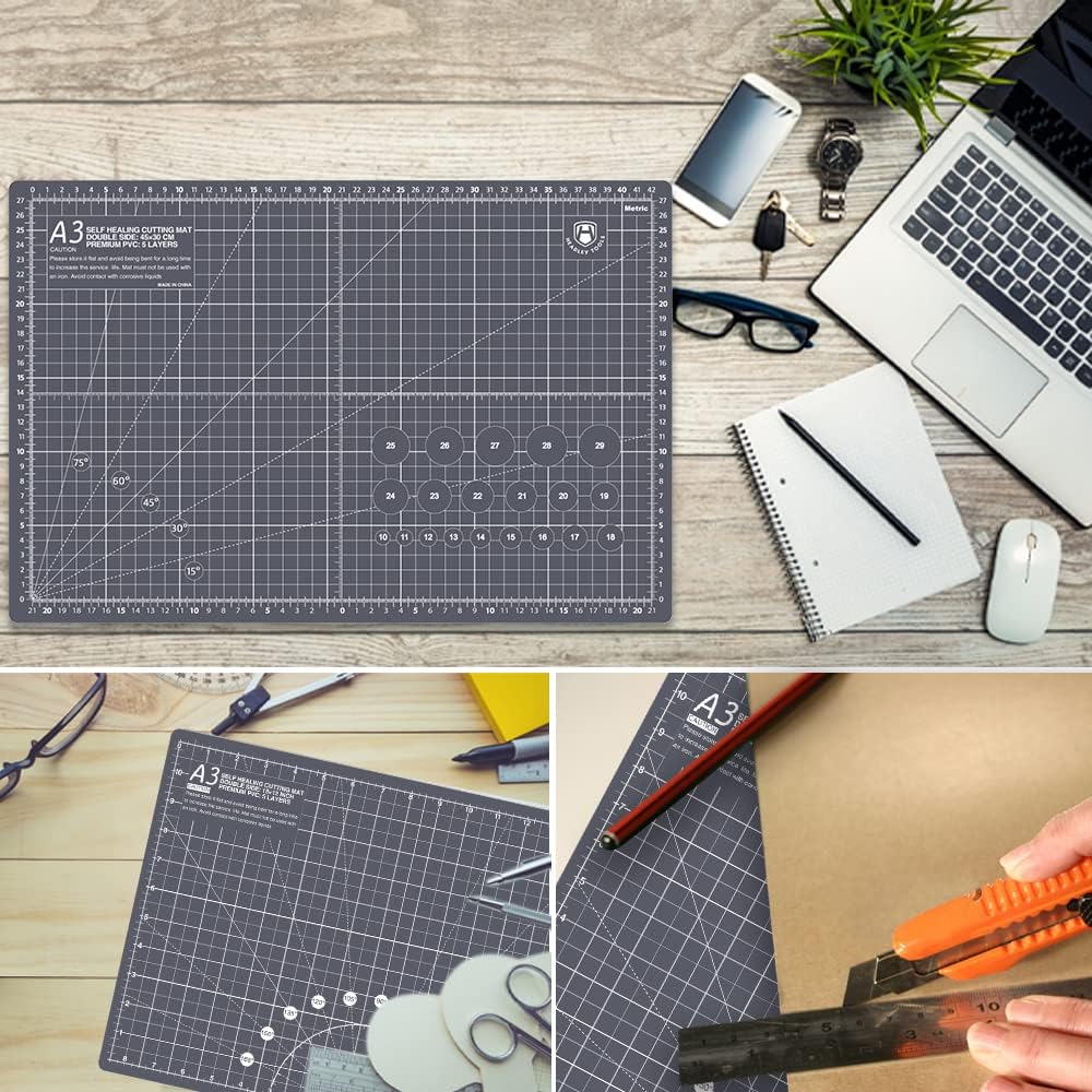 Headley Tools 18"x12" Thickened Self Healing Cutting Mat, A3 Rotary Cutting Sewing Mat for Crafts, Double Sided 5-Ply Table Cutting Board for Fabric Quilting Leather Arts Hobby Project, Grey