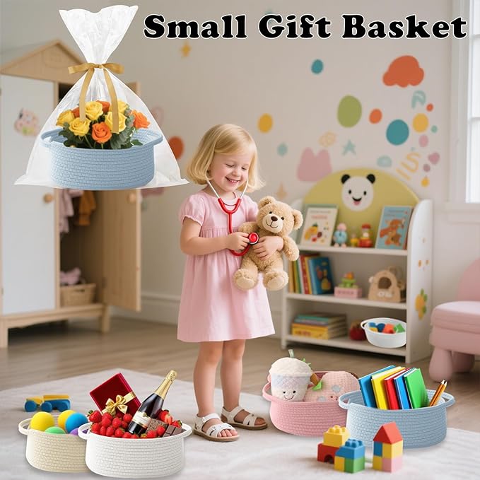 Gift Basket with Gift Bag and Ribbons,Small Rope Woven Shelf Storage,Baskets for Gifts Empty,Birthday,Baby Shower,Decorative Organizer Box with Handles(Blue)
