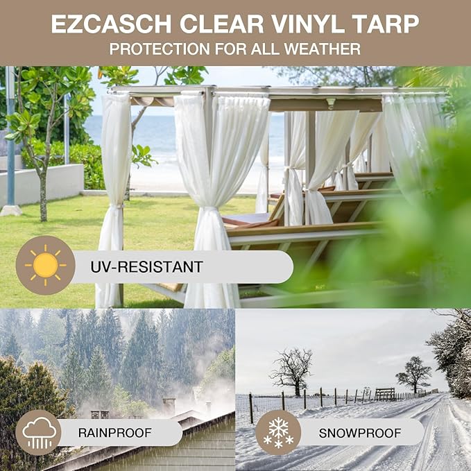 20 Oz Outdoor Vinyl Curtain, Outdoor Clear Panel Curtain, Weather Resistant Outdoor Curtain for Pergola, Porch, Gazebos, with Rustproof Grommets (8'H x 7'W, Beige)