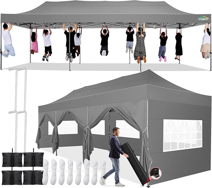 COBIZI 10x30 Pop up Canopy Tent 10x30 Canopy with Sidewall Waterproof Heavy Duty Commercial for Parties Outdoor Garden Gazebo Tent, Carry Bag with Wheel(10x30ft with Sidewalls,Gray)