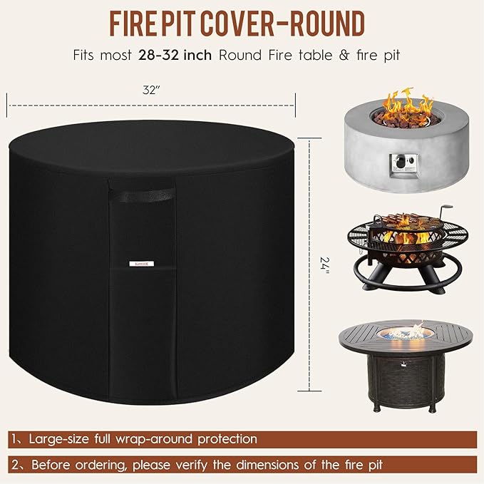 Fire Pit Cover Outdoor Round 32"D X 24"H Heavy-Duty Waterproof 600d Oxford Fading Resistant Tear-Resistant Patio Gas Fire Pit Table Cover