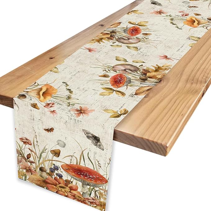 Mushroom Table Runner, Rustic Farmhouse Wildfloral Fall Autumn Leaves CountryCoffee Table Center Decor for Home Kitchen Dining Patio Holiday Party Indoor Outdoor Table Decorations, 13"x36" Inch