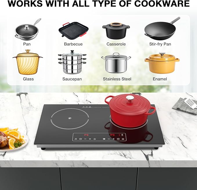 Electric Cooktop,110V 2400W 2 Burner Electric Cooktop,Countertop and Built-in Stove top with 9 Power Levels,Child Safety Lock, Timer, LED touch control,Overheat Protection