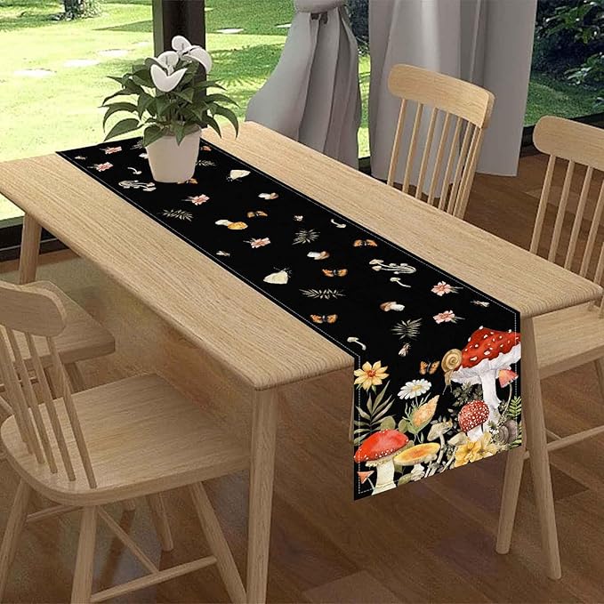 Mushroom Table Runner, Rustic Farmhouse Forest PlantsBotanical Wildfloral Coffee Table Center Decor for Home Kitchen Dining Patio Holiday Party Indoor Outdoor Table Decorations, 13"x108" Inch