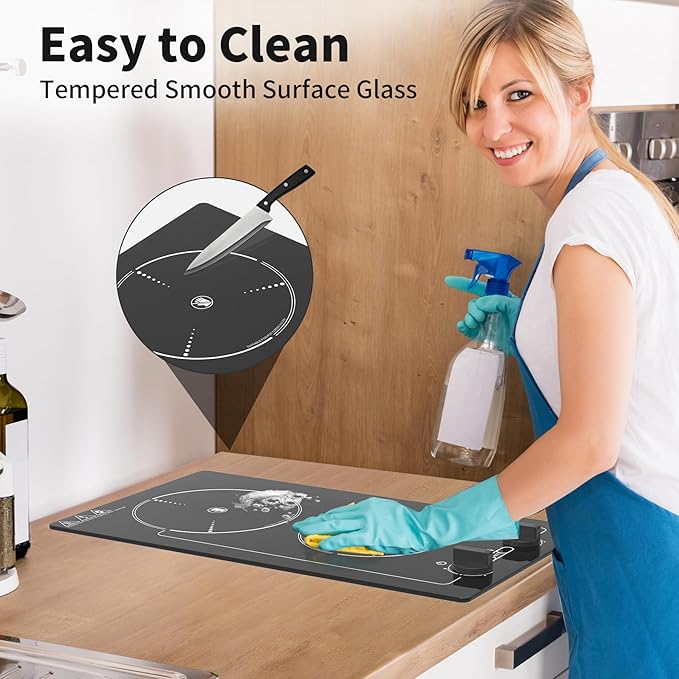 Electric Cooktop,110V 2100W Stove top,9 Power Levels, Kids Lock & Timer, Hot Surface Indicator, Overheat Protection,knob and touch control 2 burner Electric cooktop