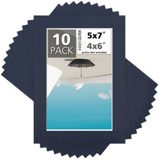 Mat Board Center, Pack of 10, 5x7 for 4x6 Dignity Blue Color Mats - Bevel Cut, Acid Free, 4-ply Thickness, White Core - for Pictures, Photos, Framing