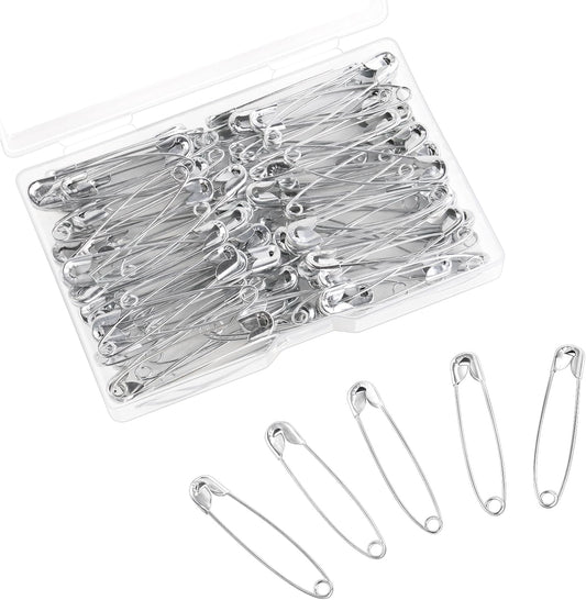 100 Pack Silver Safety Pins Assorted, Galvanized Steel Bulk Safety Pins for Sewing, Clothes, Arts & Craft (1.8 Inch / 45 mm)