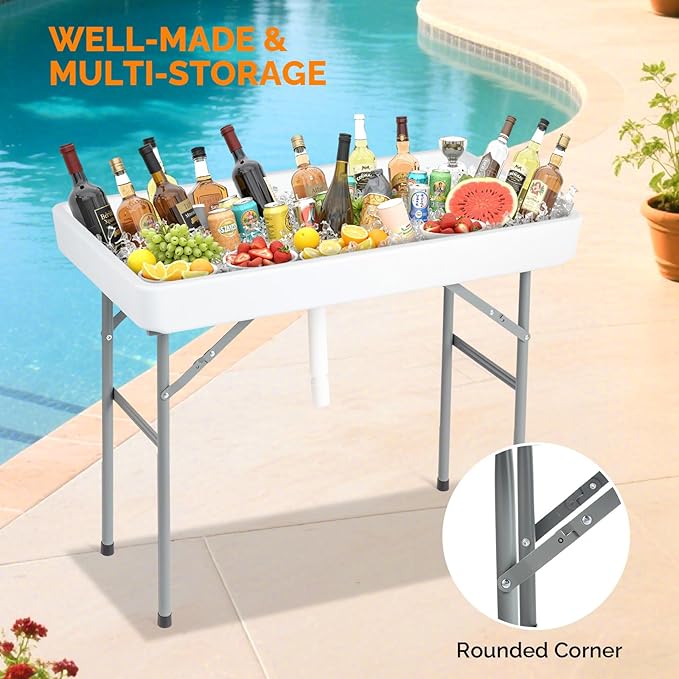 VINGLI 4FT Ice Table, Portasble Cooler Side Table with Removable Skirt, Patio Table, Indoor & Outdoor Bar for Events, Parties and Camping White