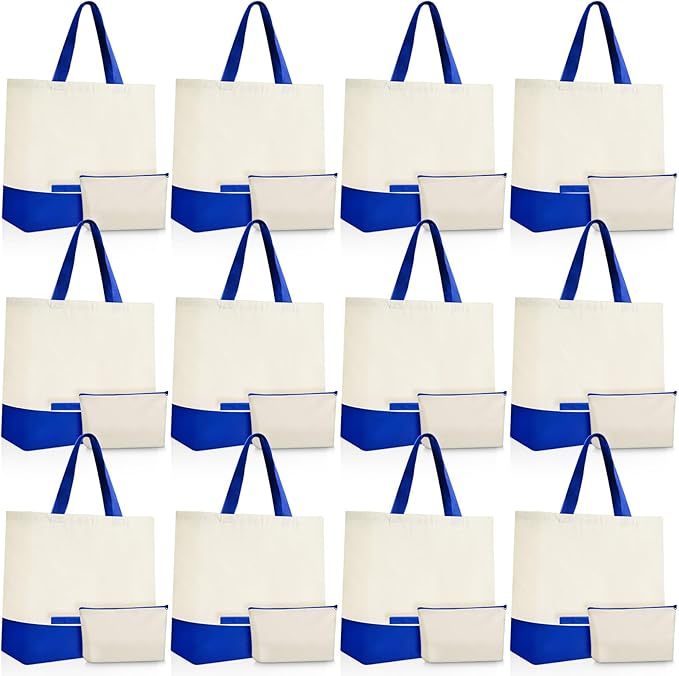 Sanwuta 24 Pcs Canvas Tote Bags Bulk with Zipper Cosmetic Bags 18.5" Cotton Canvas Bag with Handles Reusable Shopping Bags
