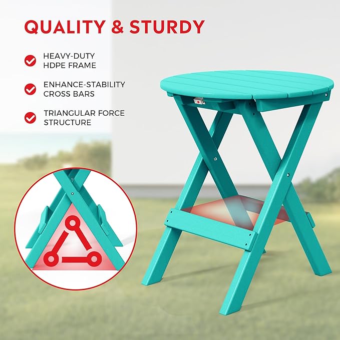 Costaelm Paradise HDPE Outdoor 24.5 Inch Round Portable Folding Patio Dining Table, Turquoise