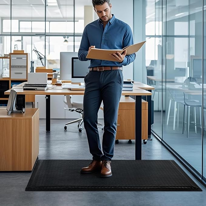 3 x 6 FT Anti Fatigue Mats Industrial 15/16 Inch Thick Soft Sponge Ergonomic Mat Durable Heavy Duty Diamond Plate for Standing Non Slip Industrial Grade Floor Mat for Leg & Back Pain (Black)
