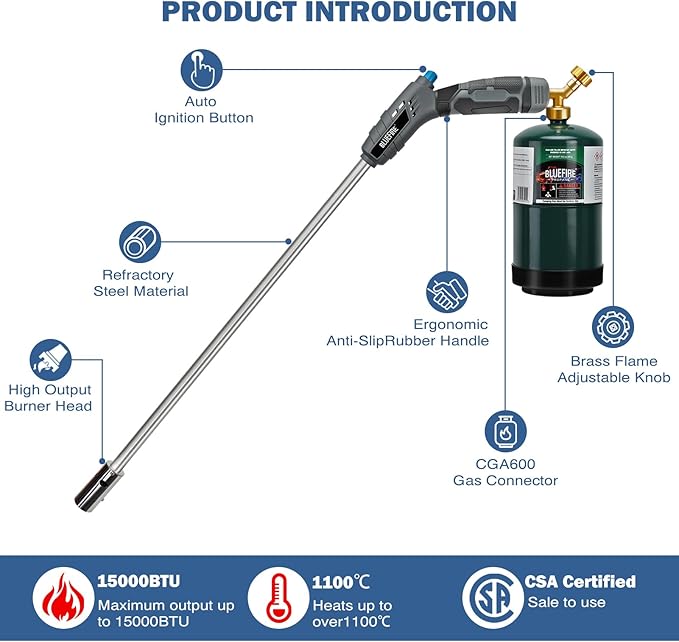 BLUEFIRE 32" Propane Weed Torch, Lightweight Flamethrower for Weeds, Self-Igniting Blow Torch for Weeds, Propane Torch Weed Burner, Portable Weed Killer Torch for Garden, Roof, Snow, and Charcoa