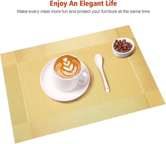 Placemats Set of 6,Washable,Heat and Stain Resistant Indoor/Outdoor Place mats,Vinyl Woven Non Slip Table Mats for Restaurant Table Protection,PVC Placemats(Gold 6PCS)