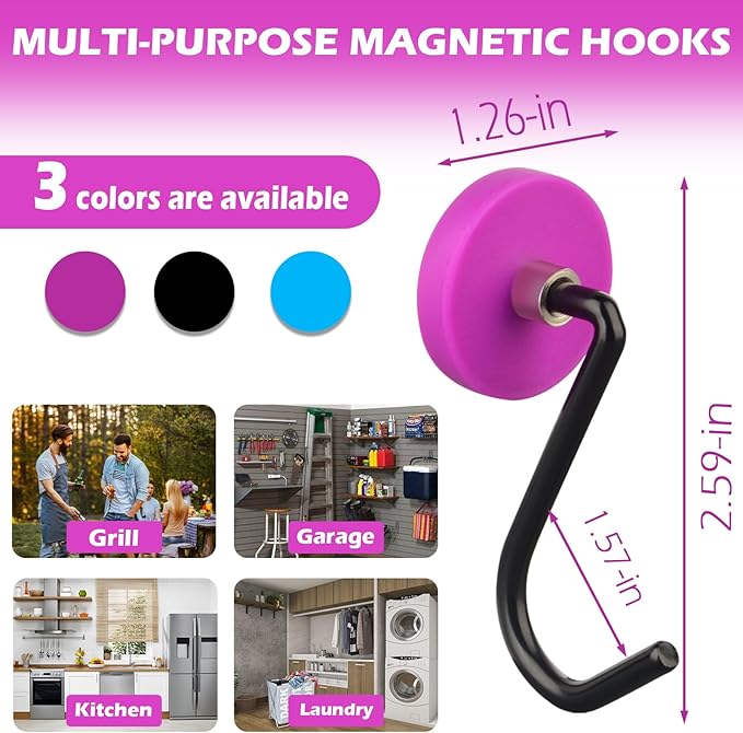 Magnetic Grill Hooks, 4 Pack Heavy Duty Magnet Hooks for Grill, Strong Outdoor Magnetic Hoooks for Grill, Barbecue Tool, Outdoor Hanging, Refrigerator, Kitchen(Purple)
