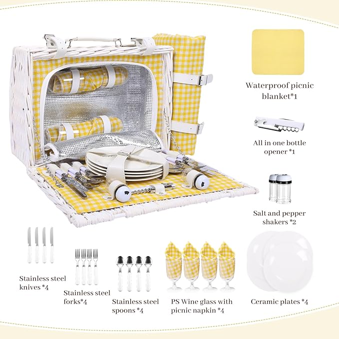 Neti Neti Wicker Picnic Basket for 4 with Insulated Cooler & Waterproof Blanket – Large Willow Picnic Hamper for Outdoor, Camping, Beach, Romantic Dates, Valentine’s Day