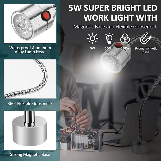 Magnetic Work Light, LED Machine Light with Flexible Gooseneck and Magnetic Base, Shop Tool Lamp for Lathe, Work Bench, Sewing Machine, Grill, Desk, Industrial Lighting Silver