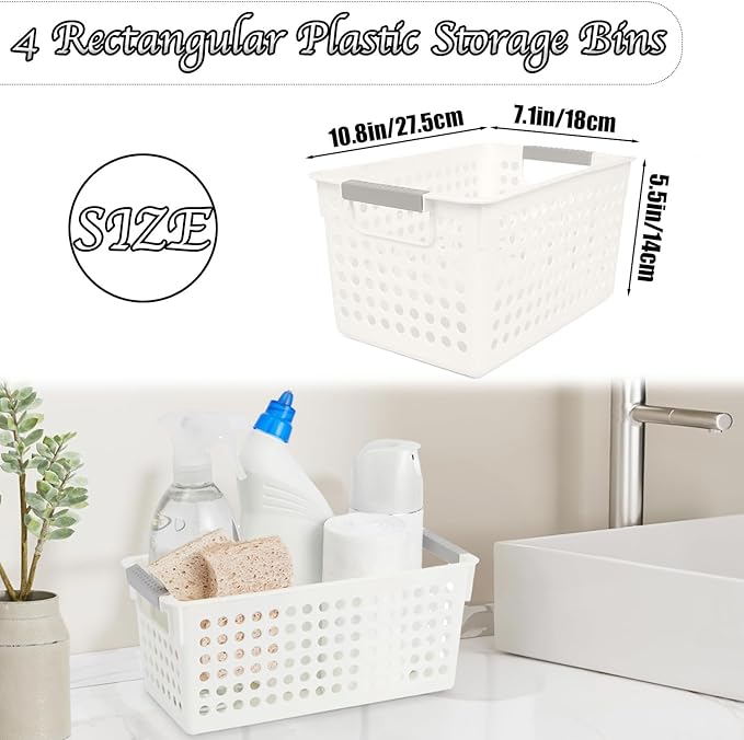 Plastic Storage Baskets, 4 Pack Narrow Organizing Baskets White Storage Bins With Handles Kitchen Storage Containers, Plastic Organizing Bins For Desk Garage Cabinet, 10.62 x 7.08 x 5.51 Inch
