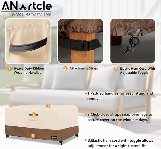 Patio Coffee Table Cover, 600D Waterproof Heavy Duty Rectangular Outdoor Table Cover,Patio Furniture Covers,48 x 28 x 16 inch,Beige&Brown.
