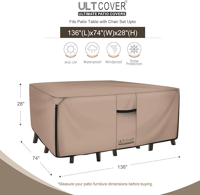 ULTCOVER Rectangular Patio Heavy Duty Table Cover - 600D Tough Canvas Waterproof Outdoor Dining Table and Chairs General Purpose Furniture Cover Size 136L x 74W x 28H inch