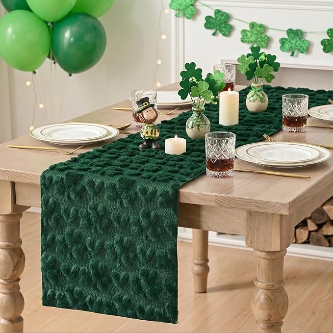 Artoid Mode Green Soft Plush Faux Fur Jacquard Heart Clover St. Patrick's Day Table Runner, Seasonal Kitchen Dining Table Decoration for Home Party Decor 13x120 Inch
