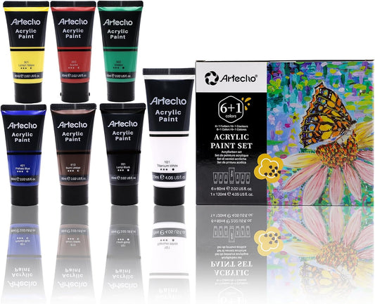 Artecho Acrylic Paint Set, 7 Primary Colors - 6x2.02oz/60ml & 1x4.05oz/120ml Titanium White Tubes, Art Craft Paints for Canvas, Rock, Wood, Fabric, Art Supplies