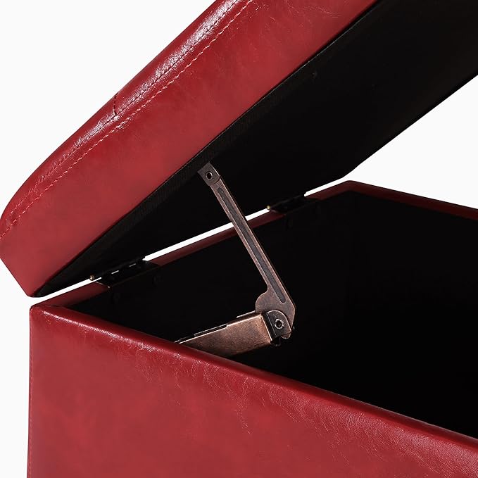 Homebeez Storage Ottoman Footrest Stool with Rolling Wheels, Red PU Leather Tufted Cube with Hinged Lid, 17.7" Multifunctional Furniture for Living Room, 300lb Capacity