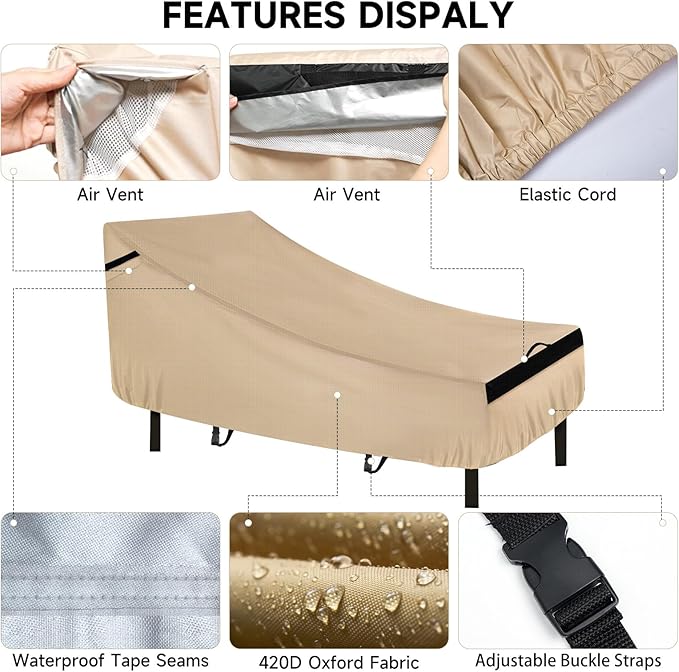 NEVERLAND Chaise Lounge Cover 2 Pack - 420D Lounge Chair Covers Waterproof Outdoor with Air Vent and Adjustable Buckles All Weather Protection - 80L x 32W x 25H inch Golden