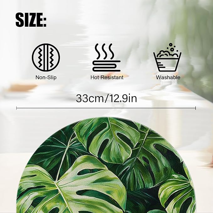 Faux Leather Placemats Set of 4,Tropical Green Leaves Ding Table Round Placemat Easy to Clean Heat-Resistant Waterproof Non-Slip Place Mats Kitchen Living Room Decoration,13inch