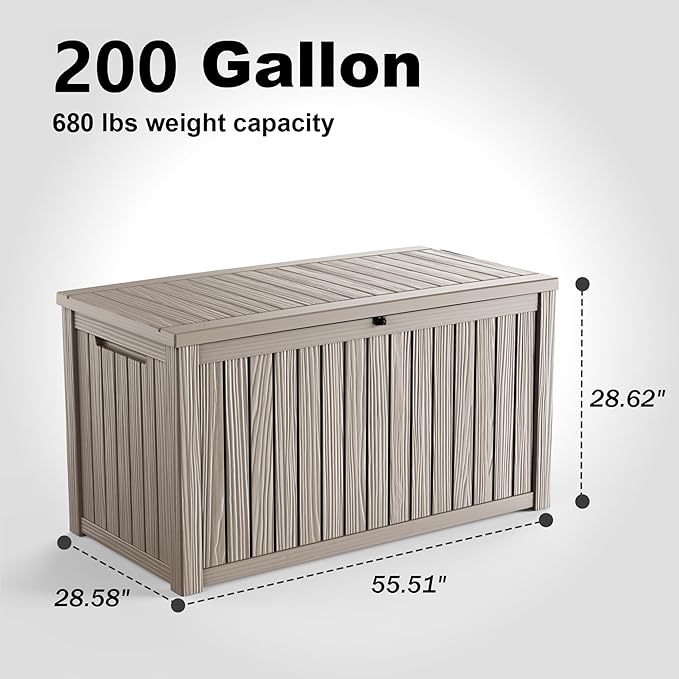 200 Gallon Large Deck Box,Resin Outdoor Storage Box with Lockable for Patio Furniture, Garden Tools Waterproof Outside Storage Box, Grey