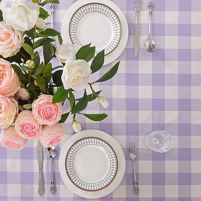 Cupuamon 2 Pack Waterproof Polyester Fabic Rectangle Checkered Tablecloth，60x120 Outdoor Table Cloth，Oil Stain Prevention Table Cloth for Pinics and Parties（Lavender and White）