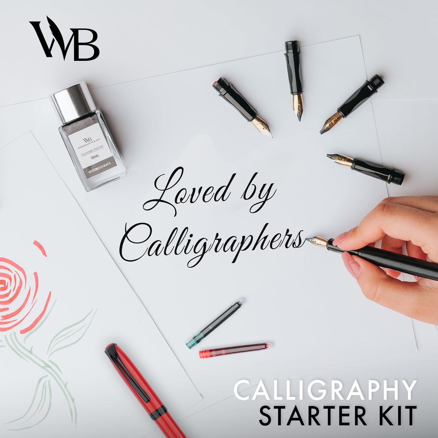 Wordsworth and Black Calligraphy Pen Set - Black - Includes 2 Calligraphy Pens, 18 ML Ink Bottle, 60 Ink Cartridges, Ink Refill Converter, 1 Medium and 4 Broad Nibs, Brush Pen