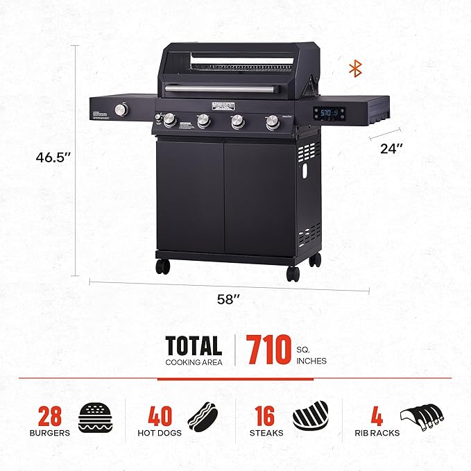 Monument Grills Denali 425, Smart Liquid Propane Gas Grill 4+1 Burner BBQ Grill with Side Burner, Black