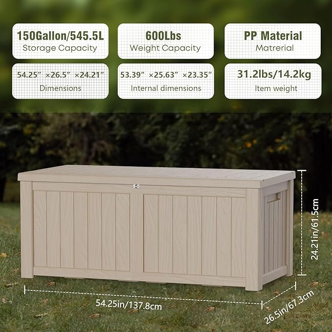 150 Gallon Resin Deck Box, Waterproof Outdoor Storage Box for Patio Furniture, Garden Tools, and Pool Accessories, Lockable UV-Resistant Storage Bin Bench Cabinet for Outside, Grey