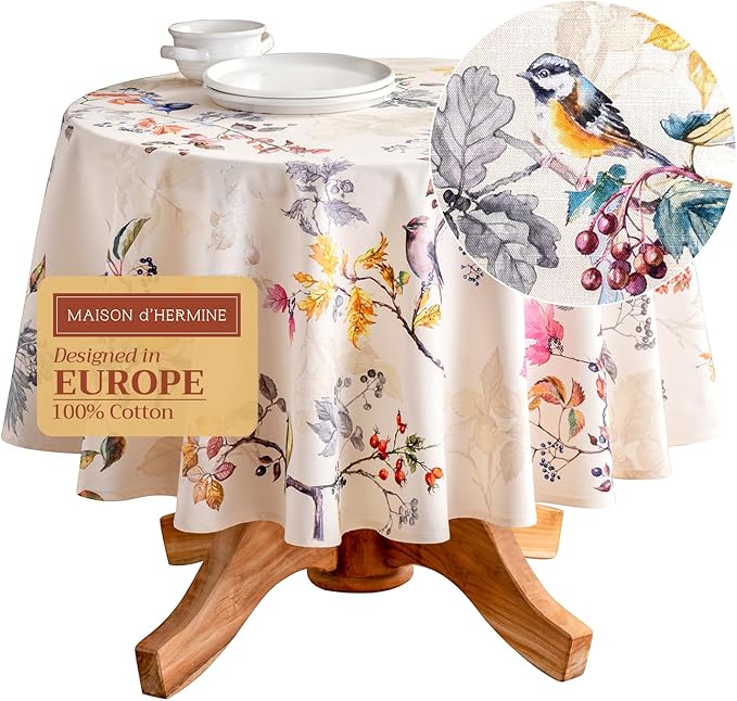 Maison d' Hermine Table Cloth Round Table 100% Cotton 63 Inches Fall Tablecloth Reusable Everyday Use for Thanksgiving Christmas Decorations Dining Farmhouse Party (Equinoxe - Beige)