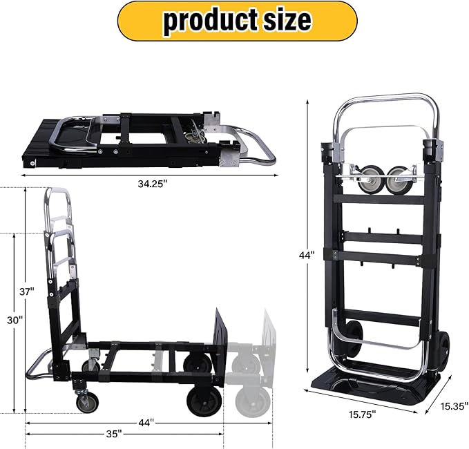 Upgraded 3 in 1 Folding Hand Truck, 600lbs Capacity, Heavy Duty Convertible Dolly with Retractable Handle and 4 Rubber Wheels, Collapsible Cart for Moving Home, Office, Warehouse (Black)