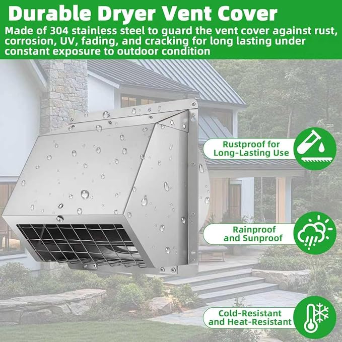 Dryer Vent Cover Outside 6 Inch Wall Vent,304 Stainless Steel Exhaust Vent Cover,External Extractor Wall Vent Cap with Mesh & Cushioned Flap,Exterior Vent Hood Outlet Air Vent for Range Hood Duct HVAC