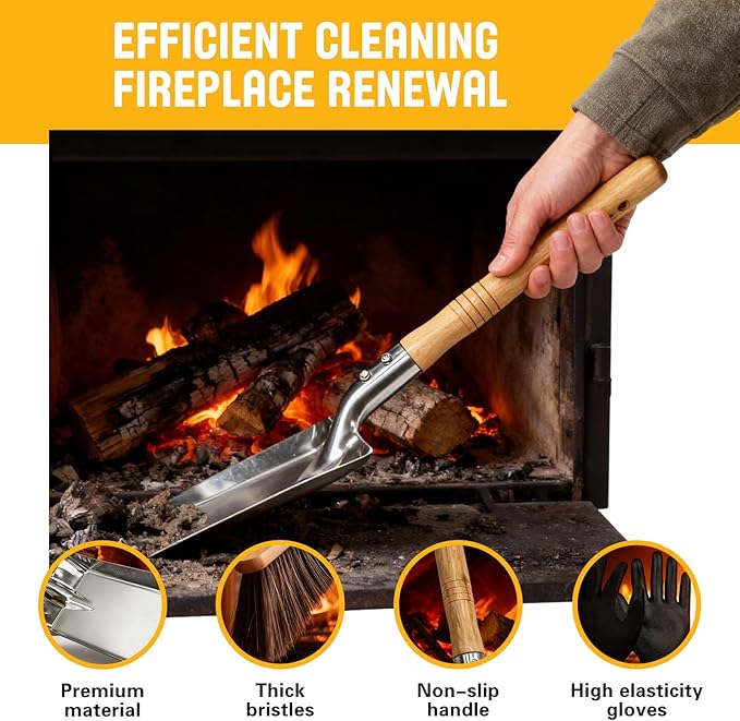 Fireplace Ash Shovel and Brush Set, with Insulated Gloves. Fireplace Tools Set with Shovel, Broom - for Fireplaces, Wood Stoves 37 * 10CM 14.57 * 3.94"