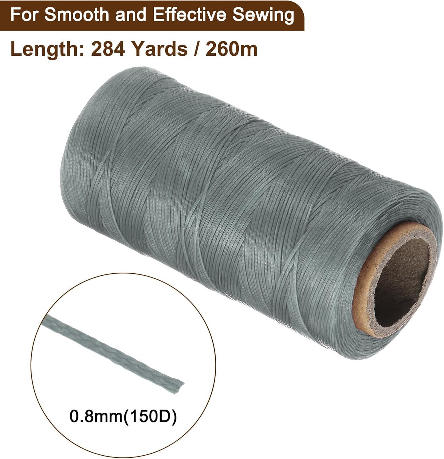 uxcell Leather Sewing Waxed Thread, 284 Yards / 260m 0.8mm 150D Flat Polyester All-Purpose Threads for Leather Crafts, Bookbinding, Grey