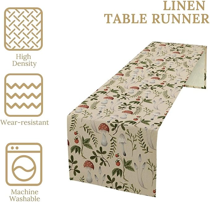 Mushroom Table Runner,Vintage Rustic Boho Botanical Plant Print Tablerunner for Home Kitchen Dining Coffee Table Indoor Outdoor Party Decor 13x120in