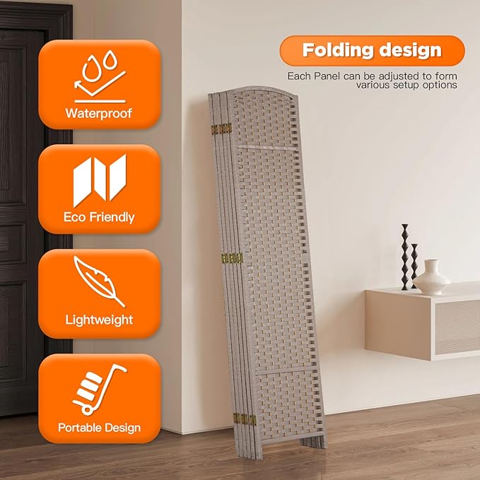 Room Divider 6 Panel Screen 5.6 Ft Tall Partition Room Dividers Beige Privacy Screens Folding Room Separation Free Standing Waterproof Wood Frame Wall Divider