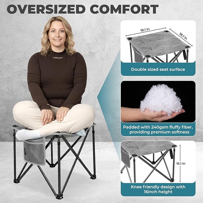 FUNDANGO Oversized Camping Stool for Adults, 2 Pack Thick Padded 18.1 Inch Folding Ottoman Foot Rest, 440 Lbs Heavy Duty Outdoor Camp Chairs with Anti-Slip Foots&Carry Bag for Fishing Travel (Grey)