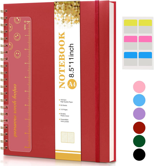 Spiral Notebook Journal 8.5” x 11”, A4 Large Notebooks for Women Men, College Ruled Lined Journal, 100 GSM Paper, Hardcover Spiral Bound Journals for Work School Writing Note Taking Business, Red