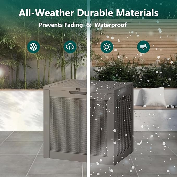 31 Gallon Outdoor Storage Deck Box Waterproof,Garden Tool,Backyard Cushion,Poolside Storage,Small Delivery Boxes for Outside,Lockable Lid,Rattan Grey