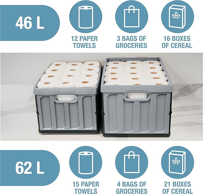 CleverMade Collapsible Storage Bins with Lids - Stone 3 Pack 62L - Plastic Containers Stackable Organization Crates Home Closet Space-Saving Durable